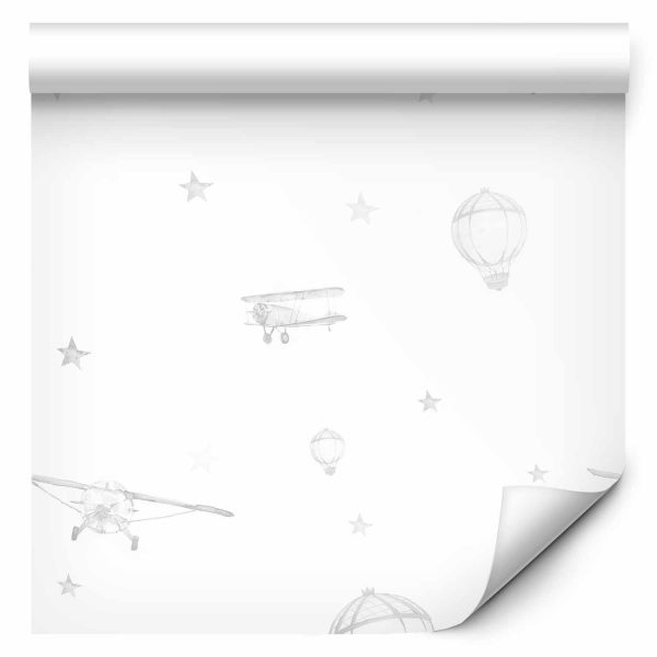 Wallpaper - Watercolor - Airplanes and balloons painted on a white sky background - Image 2